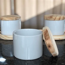 Storage Kit / Condiments / Food 200ml - 4 Pcs - Porcelain Pots, Tray And Pine Lid - trắng - Xem 2