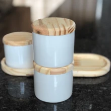 Storage Kit / Condiments / Food 200ml - 4 Pcs - Porcelain Pots, Tray And Pine Lid - trắng - Xem 4