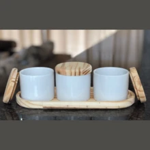 Storage Kit / Condiments / Food 200ml - 4 Pcs - Porcelain Pots, Tray And Pine Lid - trắng - Xem 5