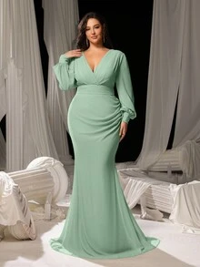 Faeriesty Curve Empowering Plus-Size V-Neck Evening Gown With Lantern Sleeves & Sculpted Mermaid Hem – Timeless Floor-Length Formal Dress For Weddings, Black-Tie Galas, Award Ceremonies, Opera Nights, And High-Profile Charity Events - 綠色 - 查看 4