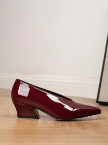 Elegante Pumps zum Hineinschlüpfen aus glänzendem Lackleder in Weinrot mit spitzer Spitze und klobigem Absatz für Damen, geeignet für den Alltag, formelle Anlässe und Partys, Herbst/Winter - Bordeaux - Übersicht 5