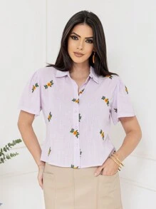 Imported Women's Small Clothes, Button-Down Cardigan, Short-Sleeved Model, Decorated With Many Flowers All Over The Body, And The Neckline Is Everted. The Collar Number Is CMZ201. - 紫色 - 查看 3