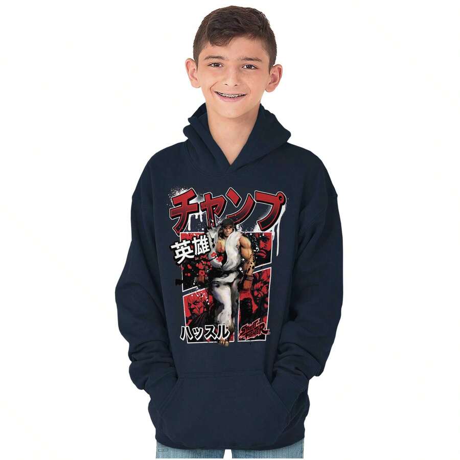 Street Fighter Retro Kanji  Ryu Kids Hoodie Sweatshirt Boys - Navy - View 1