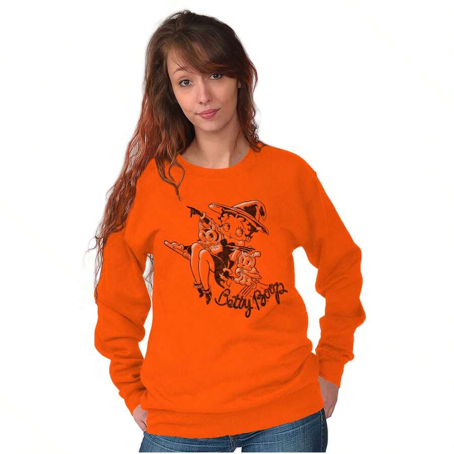Betty Boop Halloween Flying Witch Women Crewneck Sweatshirt - Orange - View 1