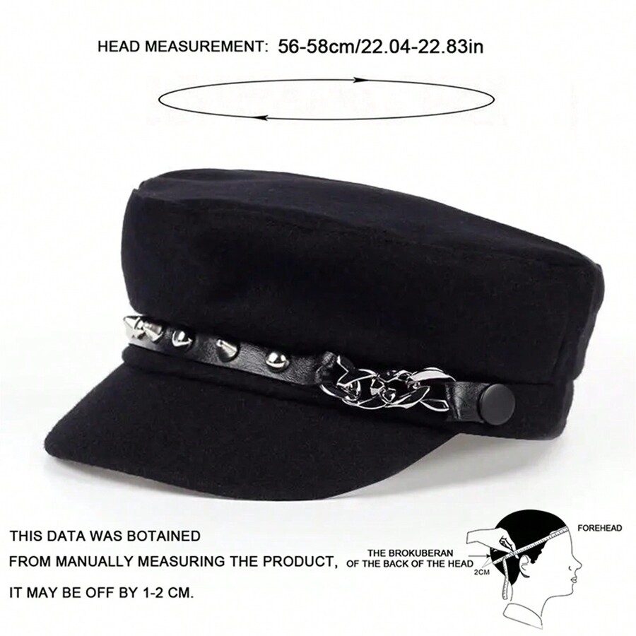 1pc Women Rivet Chain Sailor Cap Beret Hat, Street Chic Casual Flat Top Hat For Outdoor Travel