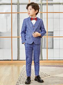 4 件套年轻男孩正装套装：夹克 + 背心 + 裤子 + 红色领带，适合派对、度假、休闲装、绅士风格、秋季 - 藍色 - 查看 5