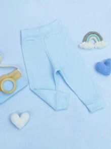 SHEIN Ribbed Knit Pants For Baby Girls And Boys, 2 Pieces, Soft, Hypoallergenic, Comfort Waistband, No Elastic, Perfect Fit, Ribbed Knit, 100% Cotton - 藍色 - 查看 6