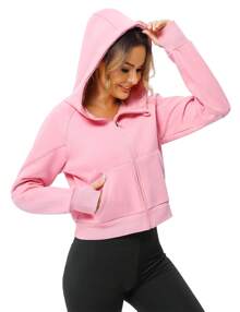 Women's Pullover Hoodie With Thumb Holes Long Sleeve Solid Zipper Tops For Women With Pocket - Hồng - Xem 4
