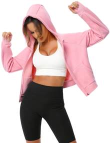 Women's Pullover Hoodie With Thumb Holes Long Sleeve Solid Zipper Tops For Women With Pocket - Hồng - Xem 3