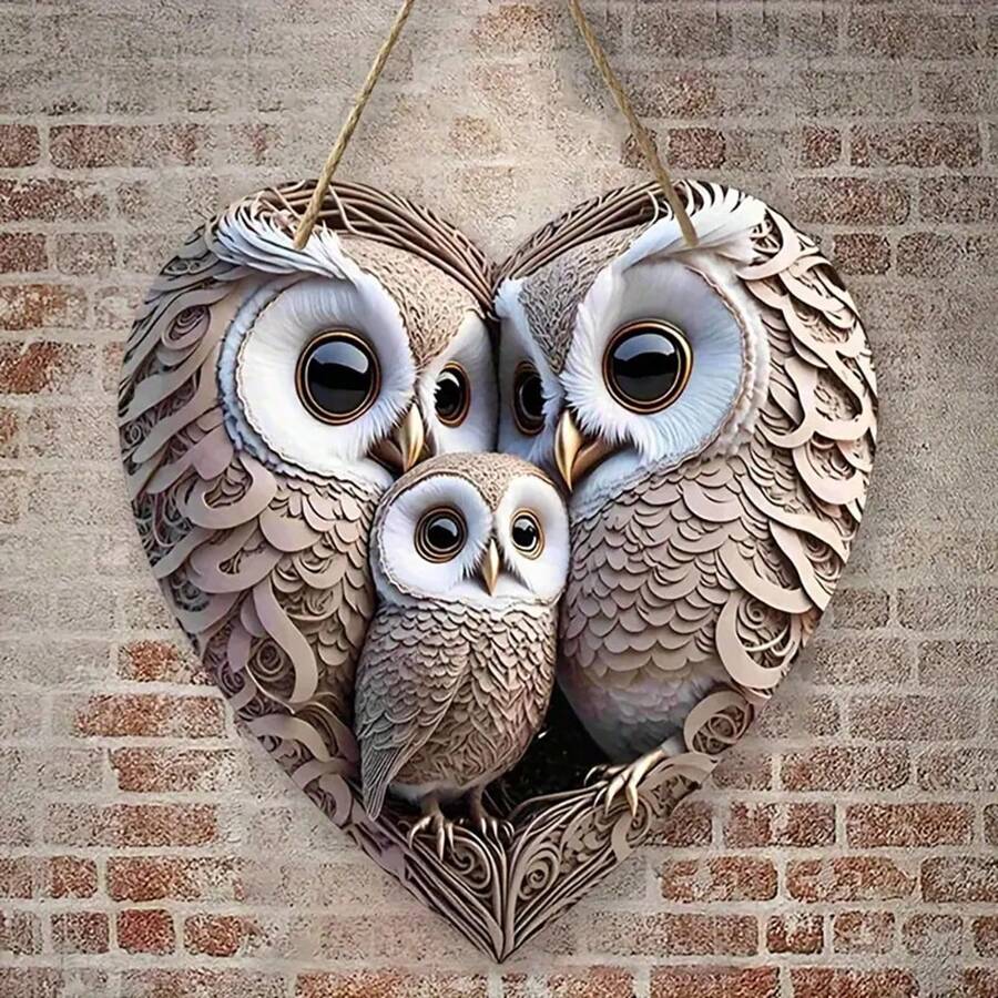 1/2pcs Charming Owl Family Heart-Shaped Wooden Hanging Sign - 8"X8" Home, Farmhouse & Entryway Wall Decor, 2D - Multicolor - View 1