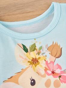 可爱长颈鹿印花长袖连体衣，适合女婴，春秋季穿着 - 淺藍色 - 查看 4