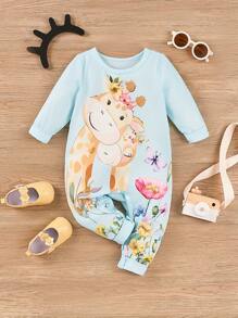 可爱长颈鹿印花长袖连体衣，适合女婴，春秋季穿着 - 淺藍色 - 查看 2