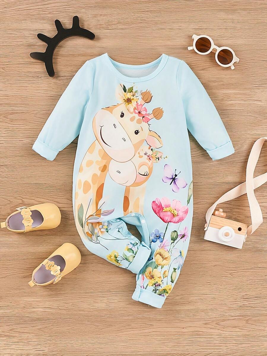 可爱长颈鹿印花长袖连体衣，适合女婴，春秋季穿着
