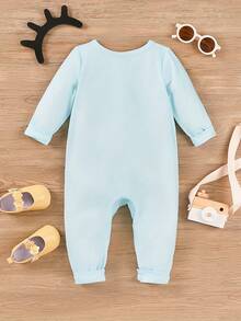 可爱长颈鹿印花长袖连体衣，适合女婴，春秋季穿着 - 淺藍色 - 查看 3