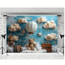 1PC Lovely Blue Sky White Cloud Teddy Bear Theme Party Decoration Background 210*150/150*100/100*75 Stars And Clouds Hot Air Balloon Trunk Background Banner Decoration Suitable For Birthday Parties Baptism Shower Photo Decoration Background Cloth Living Room Bedroom Studio Live Venue Venue Decoration Party Decoration Supplies,Christmas