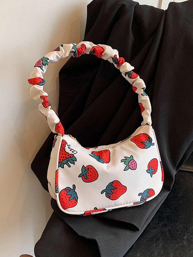 1 pieza Bolso de hombro para niña, estilo de moda casual y lindo, estampado de fresa, gran capacidad, liviano y fácil de llevar. Bolso de hombro para niña, con tela de lienzo con cierre de cremallera en contraste y correas de hombro plisadas, adecuado para uso diario de niñas de compras y viajes - A - Añade 12