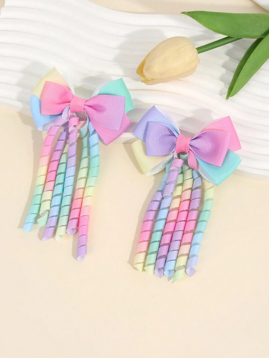 2pcs Ombre Ribbon Bow Hairclips, Alligator Clips Decor Curled Hair Accessories For Girls - Multicolor - View 1