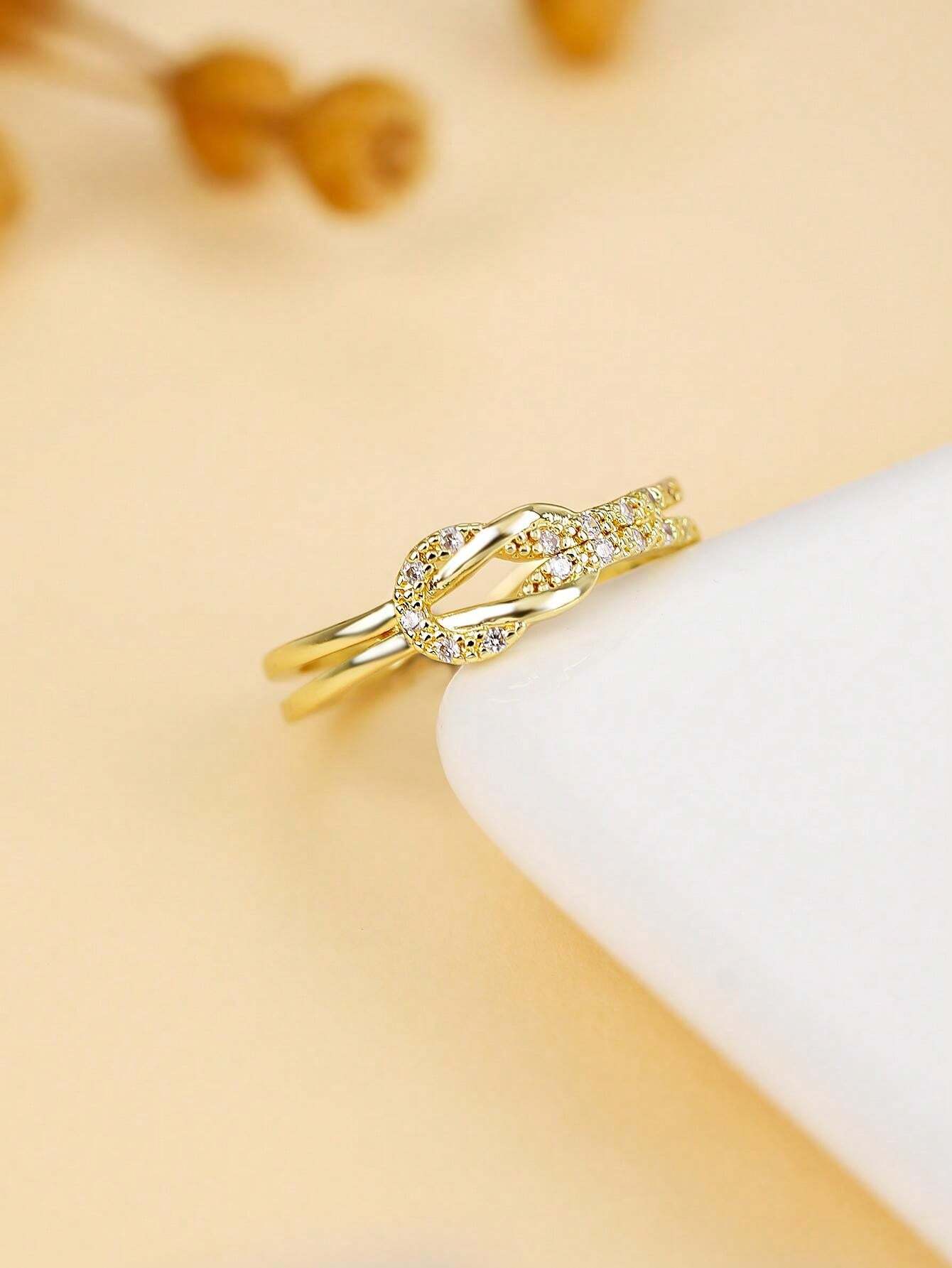 Shein Rring Gold 1pc Retro 18K Gold Plated Copper Twisted Ring With Cubic Zirconia ...