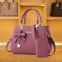 2pcs/Set Bow Decor Women Handbag Set, Solid Color PU Leather Shoulder Bag & Card Holder Suit For Daily, Casual, Shopping, Business Commute