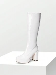 Women's Platform Chunky Block Heel Knee High Boots Square Toe Side Zipper Solid Color Fashion Cute Y2K GoGo High Heel Boots - trắng - Xem 4