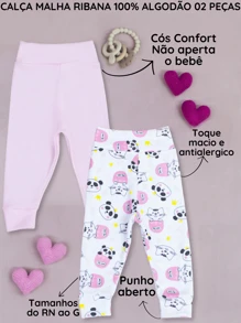 SHEIN Ribbed Knit Pants For Baby Girls And Boys, 2 Pieces, Soft, Hypoallergenic, Comfort Waistband, No Elastic, Perfect Fit, Ribbed Knit, 100% Cotton - 粉色 - 查看 2