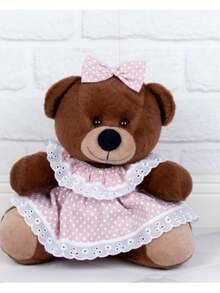 Large Trio Of Brown Plush Teddy Bears In Polka Dot Baby Dress (18/22/26) - Ideal For Niches - Bột màu hồng - Xem 3