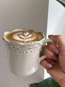 1pc Embossed Floral Rim Ceramic Mug, French Vintage Style Embossed Floral Rim Coffee Latte Cup, Suitable For Restaurant, Living Room, Coffee Shop, Gathering - Embossed Lace Mug - View 5