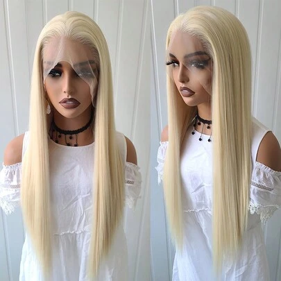 Tóc giả Halloween màu vàng ánh kim, tóc giả dài thẳng màu vàng làm từ sợi tổng hợp chịu nhiệt, tóc giả thời trang có ren phía trước dành cho nữ.