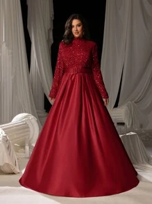 Faeriesty 曲线加大码优雅晚礼服：高领、长袖闪亮装饰、迷人的 A 字型剪裁，配有腰带 - 非常适合正式庆典、婚礼、晚宴、公司活动、正式派对