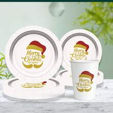Decoración navideña - Set de 60 piezas de vajilla desechable para fiestas navideñas, incluyendo vasos de papel, platos y platos de postre con estampado de Papá Noel.