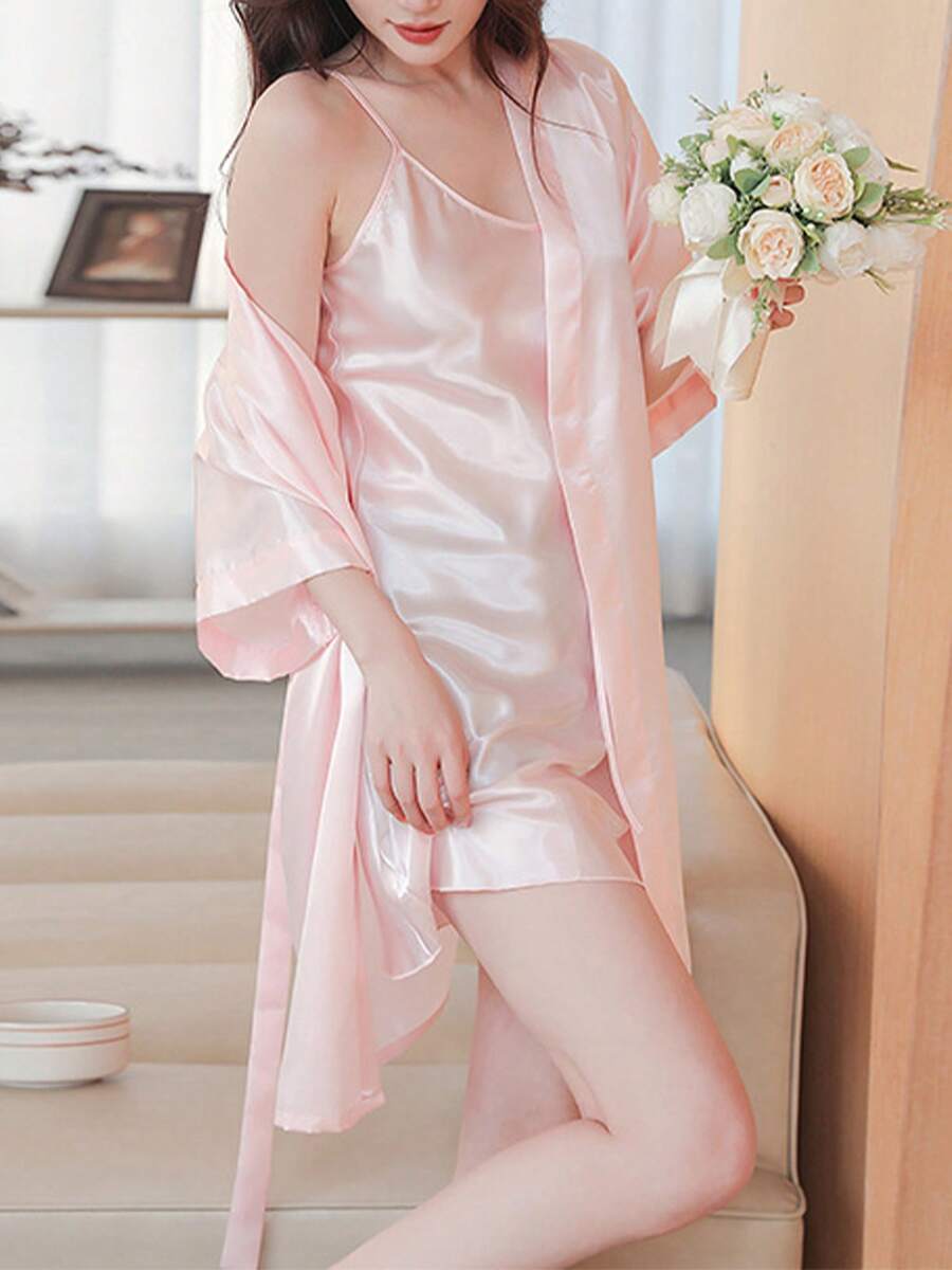(Two-Piece Set)Solid Self-Tie Belted Lounge Robe,Satin Belted Off-Shoulder Sleep Robe,Spaghetti Strap Pajama Dress,Women's - 粉色 - 查看 1