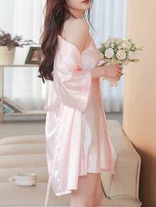 (Two-Piece Set)Solid Self-Tie Belted Lounge Robe,Satin Belted Off-Shoulder Sleep Robe,Spaghetti Strap Pajama Dress,Women's - 粉色 - 查看 3