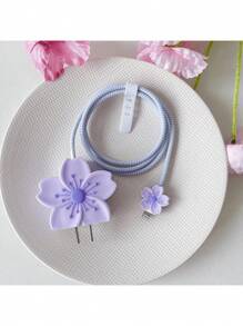 4 pièces/set Protecteur de câble de charge en silicone coloré à motif floral, compatible avec un câble de charge de 1,5 m et un adaptateur de charge rapide de 20 W, compatible avec 12/13/14, enrouleur de câble, anti-rupture et couvercle d'adaptateur en TPU, protecteur de chargeur