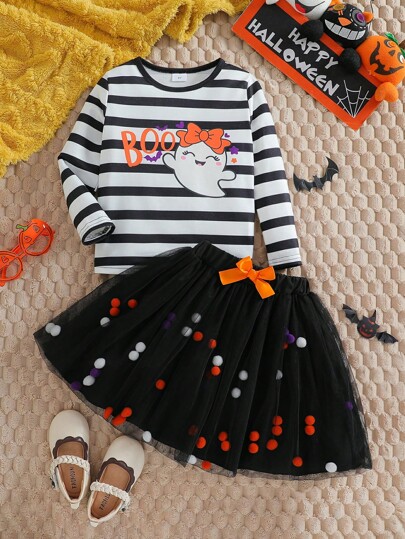 Sukienka na co dzień z długim rękawem i muszką w stylu młodzieżowym na Halloween, wielokolorowa, z pomponami i tiulem, na zewnątrz