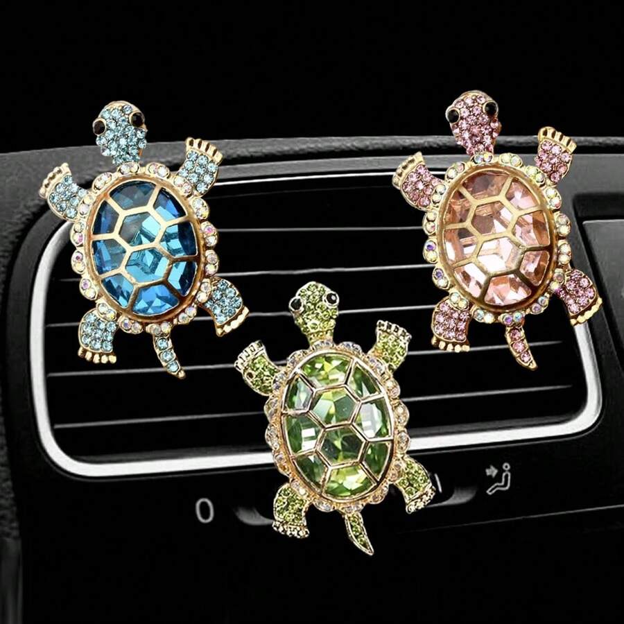 1pc/3pcs Alloy Rhinestone Crystal Gemstone Decor Sea Turtle Car Air Vent Clip Fragrance Holder, Creative Car Interior Fragrance Decor