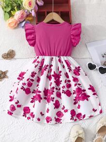 年轻女孩夏季荷叶边袖蝴蝶结花卉印花休闲连衣裙 - 粉色 - 查看 2
