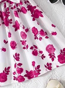 年轻女孩夏季荷叶边袖蝴蝶结花卉印花休闲连衣裙 - 粉色 - 查看 5