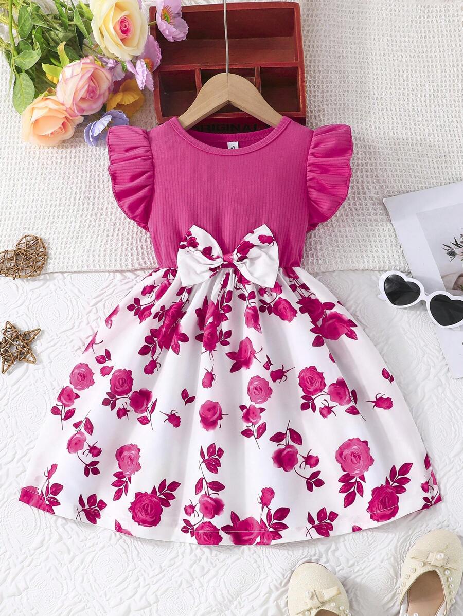 年轻女孩夏季荷叶边袖蝴蝶结花卉印花休闲连衣裙 - 粉色 - 查看 1