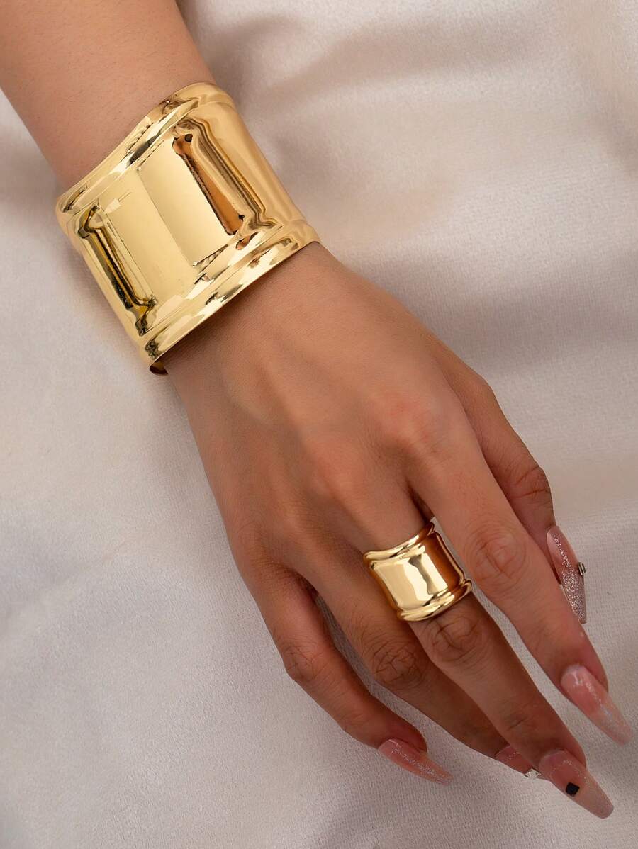 1 Set Golden Cuff Bangle Chunky Ring Bracelet Set For Women