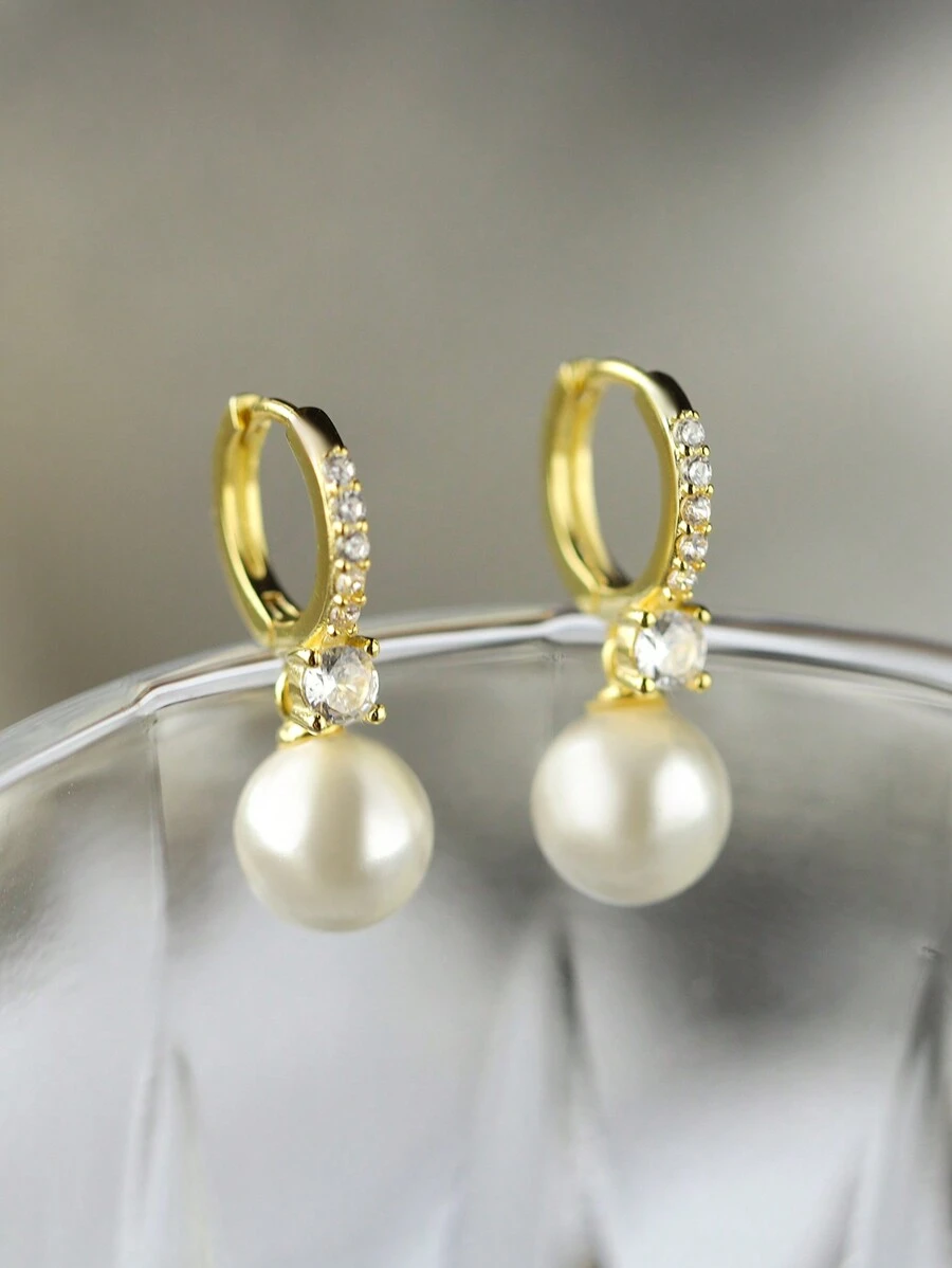 1 Pair Elegant Studded Faux Pearl S925 Sterling Silver Hoop Earrings, Suitable For Gift, Dates, Parties, Engagement, Wedding, Bridal Accessories. Packed In Gift Box, Random Style.