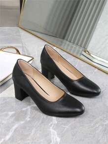女士黑色皮革舒适软底空姐工作鞋，透气防滑办公室面试正装高跟鞋，粗/中跟女服务员鞋，百搭低帮鞋，2025 年春/秋新款 - 黑色 - 查看 19