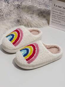 1 Pair Girls' Rainbow Print Decorated Soft Plush Round Toe Fashion Slippers