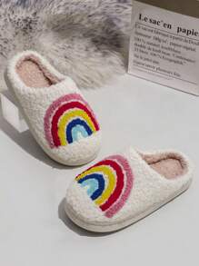 1 Pair Girls' Rainbow Print Decorated Soft Plush Round Toe Fashion Slippers
