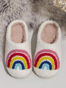 1 Pair Girls' Rainbow Print Decorated Soft Plush Round Toe Fashion Slippers