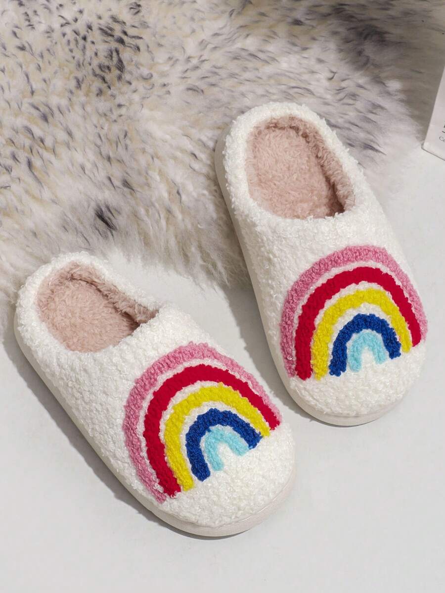 1 Pair Girls' Rainbow Print Decorated Soft Plush Round Toe Fashion Slippers