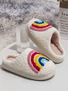 1 Pair Girls' Rainbow Print Decorated Soft Plush Round Toe Fashion Slippers