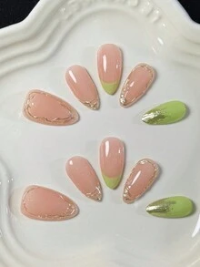10 件手工制作杏仁形绿色法式裸色镜面粉彩优雅简约精致假指甲 - 彩色 - 查看 3