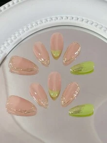 10 件手工制作杏仁形绿色法式裸色镜面粉彩优雅简约精致假指甲 - 彩色 - 查看 5