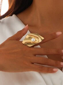Nocturel 1/4pcs Vintage Fashion Exaggerated Metallic Geometric Wavy Crinkle Faux Pearl Rings, Unique Sweet Punk - Yellow Gold - View 13