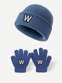 2 Stück Kinder gestrickte Mützen Set mit 26 Buchstaben, weiche warme windabweisende Handschuhe, geeignet für 3-8 jährige Mädchen und Jungen für den täglichen Gebrauch im Herbst und Winter.